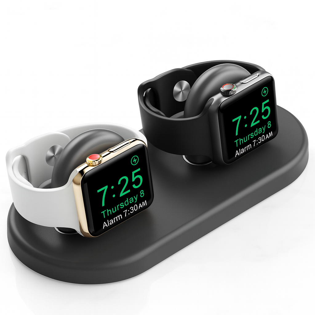 station de charge double apple watch en silicone noir avec deux emplacements magnétiques pour chargement simultané